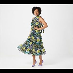 Sam Edelman Green and Black Leaf Print Midi Dress